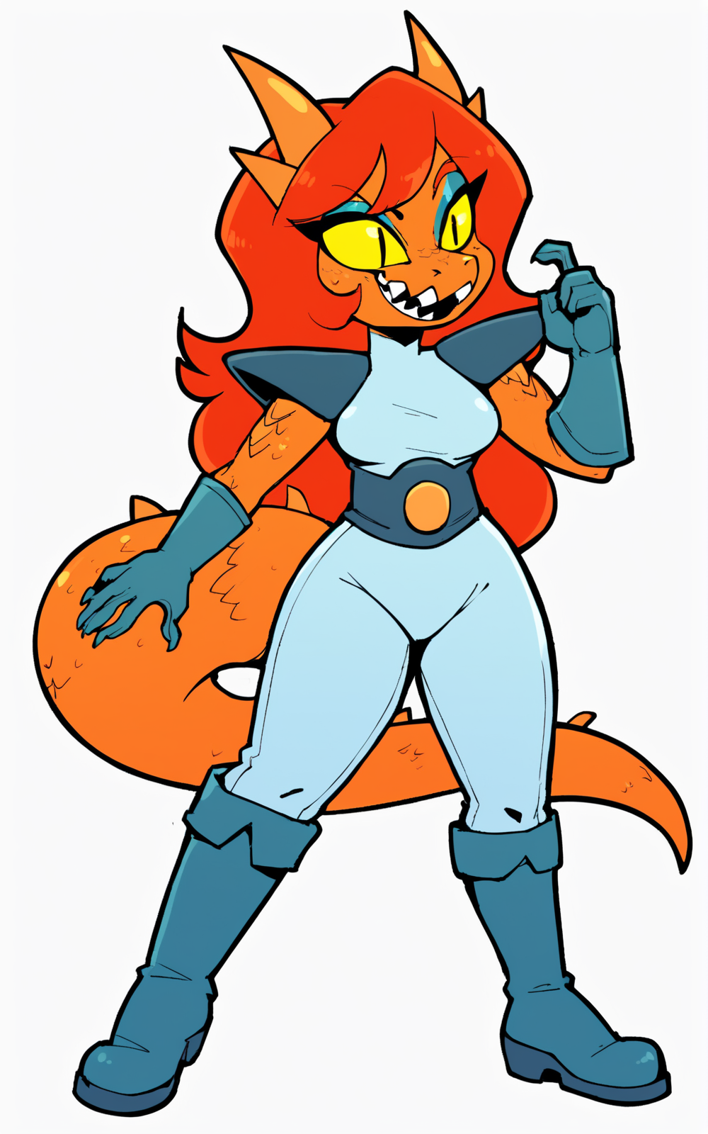score_9, score_8_up, score_7_up,((best quality)), absurdres,((full body)),  <lora:3d-2d:0.8>,  <lora:CosmaOKKOPXL:0.8>,CosmaOKKOPXL,tail, boots, gloves, long hair, teeth, sharp teeth, blue gloves,boots, blue boots, furry, furry female, colored sclera,red hair,yellow sclera, reptile, scalie, bodysuit,light blue bodysuit, sleeveless, shoulder pads, white background,horns,scales,makeup,orange skin,orange horns,breast,sash,slit pupils
