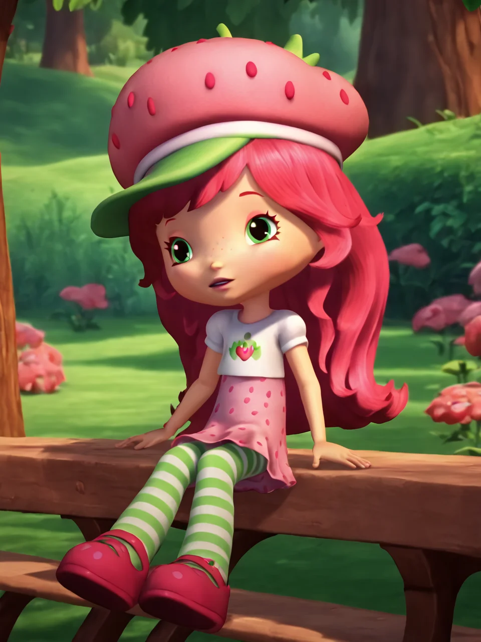 score_9, score_8_up, score_7_up, score_6_up, BREAK, StrawShortcake, 1girl, solo, long hair, green eyes, pink hair, white shirt, pink skirt, polka dot, striped pantyhose, pink headwear, pink footwear, in the forest, sitting on a bench <lora:Strawberry_Shortcake-000009:1>