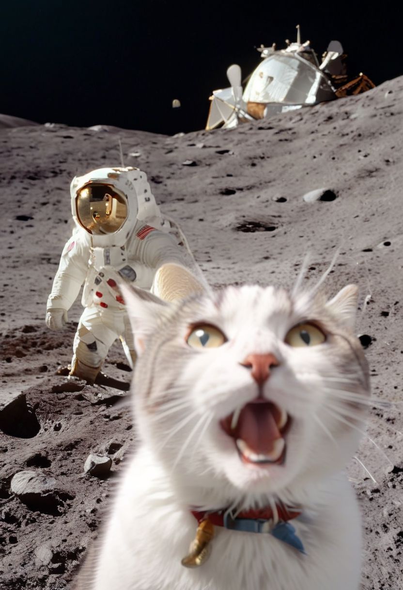 ASCII,masterpiece, hyper detailed, 8k, ray tracing, ultra sharp,
cinematic film still anime artwork,  cfb ,close up of a surprised and shocked cat foreground, (a mission apollo on the moon background:1.3), vibrant, highly detailed,  shallow depth of field,,cinemascope, moody, epic, gorgeous, film grain, grainy,meme,parody,deep black sky, apollo_style