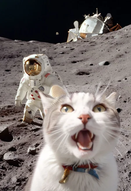 ASCII,masterpiece, hyper detailed, 8k, ray tracing, ultra sharp,
cinematic film still anime artwork, cfb ,close up of a surprised and shocked cat foreground, (a mission apollo on the moon background:1.3), vibrant, highly detailed, shallow depth of field,,cinemascope, moody, epic, gorgeous, film grain, grainy,meme,parody,deep black sky, apollo_style