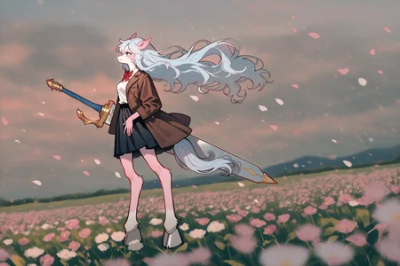 syakunetuu, white outline, [sketch:2d:0.6], 1girl, (aged up:1.5), solo, furry female, too much fur, pony girl, snout, pink fur, white fur, two-toned fur, light blue hair, light blue tail, long hair, wavy hair, blue eyes, ((small breasts)), tall, lanky, pleated skirt, black skirt with white trim, red bow, brown leather jacket, red bowtie, hooves, oversized white tank top, three quarter view, hands on own skirt, floating hair, high saturation, soft colors, outdoors, looking afar, volumetric lighting, aliasing, sidelighting, very wide shot, real world location, photo background, photorealistic, dynamic angle, from below, flowers, petals,  wind, saturated, bright, depth of field, blurry foreground, chromatic aberration, giant sword, long sword, blurry background, shadow, 
field, outdoors, scenery, masterpiece, best quality, very awa, <lora:syakunetuu:0.95> <lora:ponyv6_noobV1_2_adamW:0.8>