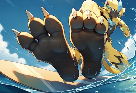 <lora:SlimesZeraora:1>, score_9, score_8_up, score_7_up, slimes_zeraora, solo, dark feet, 3 toes, foot focus, feet style, foot style, water, surfing, feet on surfboard, wet on feet, close-up