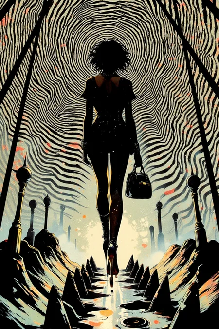 A stunning collage portraying a woman in formal avant-garde fashion, with premium bags and statement boots. The background is a mesmerizing chaos of non-linear, angular black-and-white lines, creating an optical illusion that twists and shifts as the viewer's eyes move across the image. The floor beneath her feet is made of surreal spikes that distort her stance, while asymmetrical geometric patterns draw attention to her sophisticated silhouette. The image is bordered by a soft glowing light, enhancing the otherworldly feel of this high-fashion, surreal photography composition.