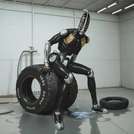 realistic, photorealistic, photo, cosplay photo, masterpiece, best quality, newest, absurdres, highres, foof, solo, full body, stand (jojo), 1boy, colored skin, yellow eyes, black sclera, joints, fangs, leaning, looking at viewer, wet, closed mouth, BREAK, warehouse, tractor, unused tire, cd, wet floor, faucet, hose, water
