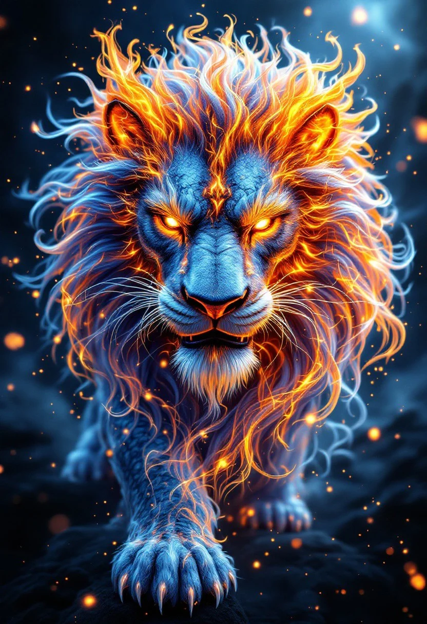 beautiful aesthetic, intricate, a dragonic lion made of fire, covered in fire, magical aura, fantasy art, peaceful, high fantasy style, mysterious, celestial light, ethereal, painterly, epic, majestic, magical, fantasy art, cover art, sparkling glass, dramatic lighting