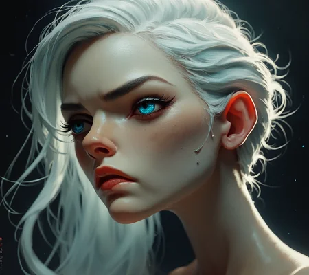 score_9, score_8_up, score_7_up, score_6_up, score_5_up, score_4_up, iconic, A haunting image of a woman with stark white hair cascading over her sharp, angular face, her deep-set blue eyes cold and distant, her expression stern and unforgiving, set against a dark background., highly detailed, backlight <lora:ponys-dream:.9>