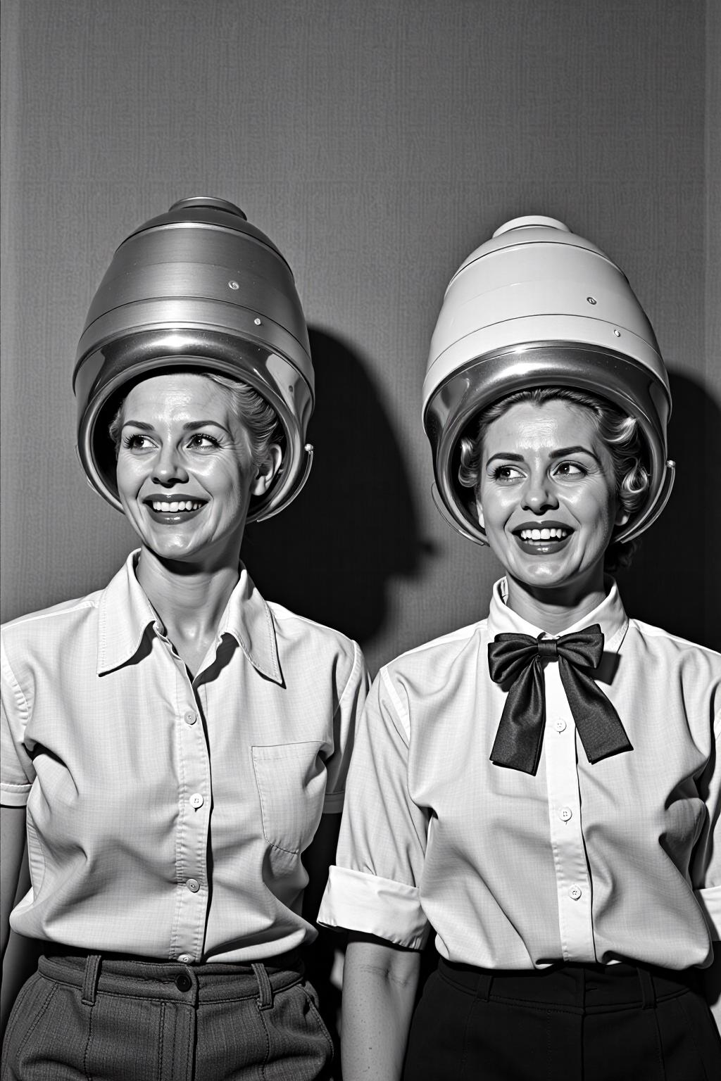 black and white photograph, two women stand side by side, each with a smile on their face. Both women are dressed in vintage clothing, adorned with large vintage hair dryer on their heads. The dryer on the left is made of metal, while the woman on the right is wearing a button-down shirt, a tie, and a bow tie. They both have their hair styled in a bob, adding a touch of texture to their faces. The backdrop is a textured wall, adding depth to the composition. <lora:vintage_hair_dryer_v1:1.0> <lora:Flux-Sch-SingleBlocks-BF16:1.0><lora:803955764277404169:0>