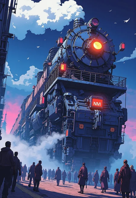 anime, cyberpunk, ultra realistic, detailed, View from below, extremely tall huge cyber train, two story, balcony, small silhouettes, high contrast, very colorful bright, the shapes of picture are very squared and sharp, feathers flying, different futuristic people getting ready to depart by this train, ginormous train, steampunk, a lot of steam and smoke coming fills the whole picture, great shadows, detailed, masterpiece, beautiful night sky
