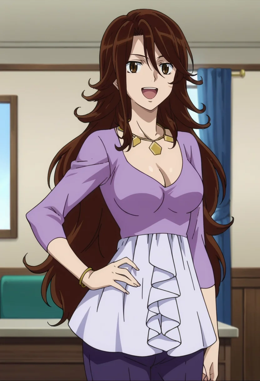 score_9,score_8_up,score_7_up,anime coloring BREAK source_anime,anime,<lora:Sumeragi_Lee_Noriega_Gundam_00_Pony:0.8>,sumeragi,1girl,solo,brown eyes,very long hair,brown hair,hair between eyes,necklace,short dress,breasts,purple shorts,hand on hip,laughing,indoors,