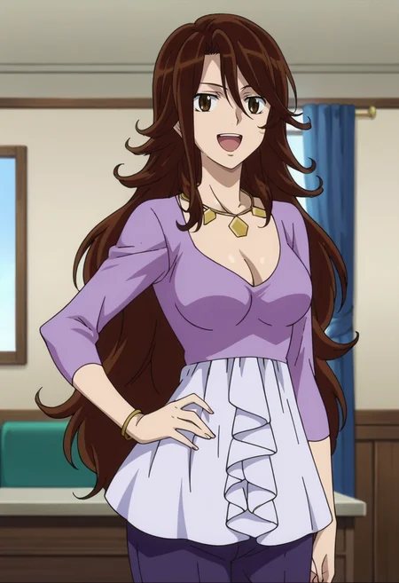 score_9,score_8_up,score_7_up,anime coloring BREAK source_anime,anime,<lora:Sumeragi_Lee_Noriega_Gundam_00_Pony:0.8>,sumeragi,1girl,solo,brown eyes,very long hair,brown hair,hair between eyes,necklace,short dress,breasts,purple shorts,hand on hip,laughing,indoors,