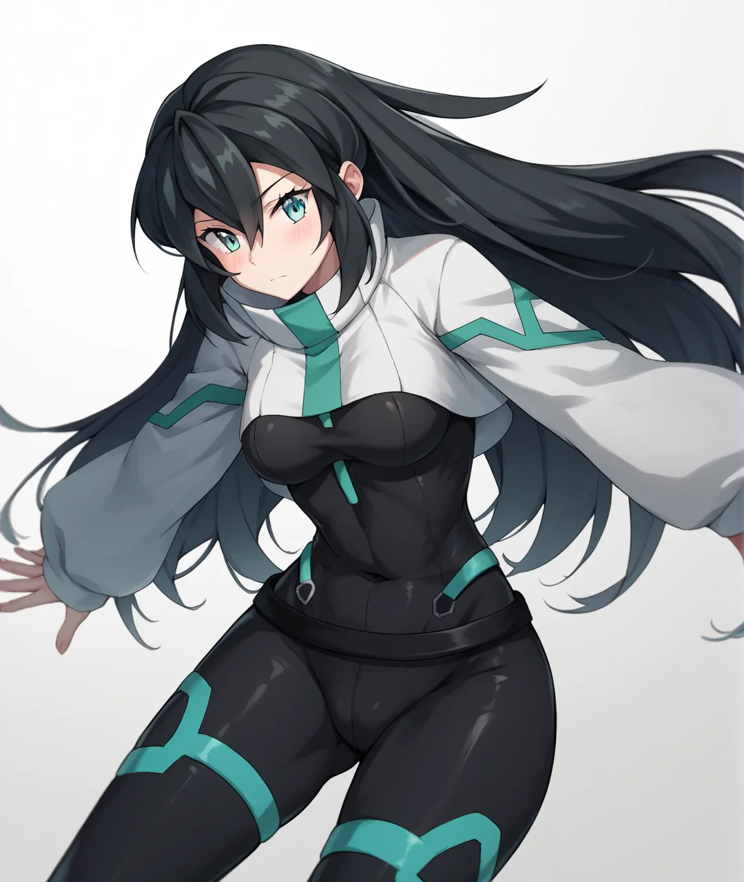 score_9, score_8_up, score_7_up, score_6_up, score_5_up, score_4_up, BREAK source_anime,
<lora:May_PONY:1>,may, 1girl, solo, long hair, aqua eyes, black hair, hair between eyes, black bodysuit,shrug \(clothing\),