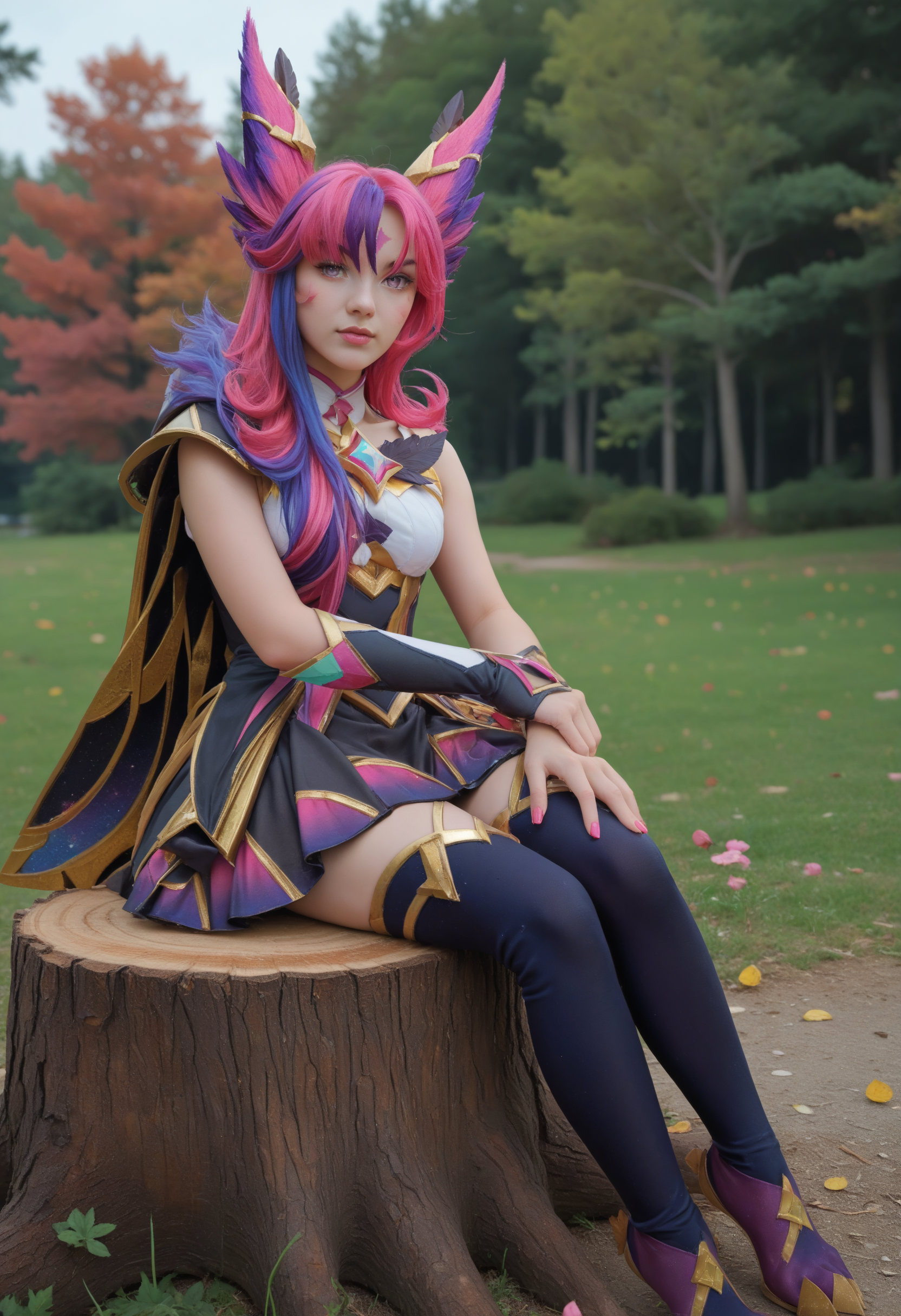 score_9, score_8_up, score_7_up, (masterpiece, best quality), 1girl,
star guardian xayah, bird feet,
purple eyes, animal ears, two-tone hair, pink and purple hair, low ponytail, hair over one eye, asymmetrical bangs,  hair ornament, 
armlet, elbow gloves, blue thighhighs,
skirt, dress, gem, facial mark,
(cape, fur trim),
outdoors, night, cherry blossom forest, leaves, (sitting on stump:1.3)