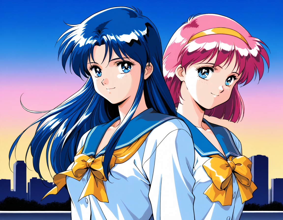 masterpiece, best quality, good quality, <lora:AiShimai_Futari_no_Kajitsu_IS:1> Kitazawa_Rumi, 1girl, blue hair, breasts, long hair, blue eyes, 
school uniform, serafuku, 1990s (style) BREAK, Kitazawa_Tomoko, 1girl, pink hair, Yellow hairband, small breasts, short hair,
serafuku, school uniform, Yellow ribbon, 1girl, BREAK,
 multiple girls, 2girls, blue eyes, blue hair, long hair, retro artstyle, long sleeves, smile, bow, blue sailor collar, sailor collar, 1990s (style), upper body, looking at viewer,
outdoor, sky, city,