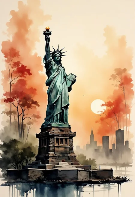 A dinkfsn style ink wash painting, in the style of ck-mgs, inkwash of Statue of Liberty, New York, sunset