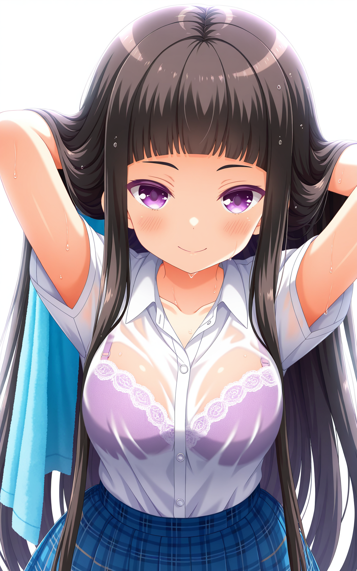 masterpiece,best quality,good quality,newest,4k,perfect lighting,cinematic,very aesthetic,official art,anime screencap,anime coloring,(((white background,simple background))),
1girl,solo,shiranui isuzu,black hair,long hair,blunt bangs,purple eyes,
seio school uniform,white shirt,collared shirt,short sleeves,collarbone,blue skirt,plaid skirt,frilled skirt,wet,water drop,bra visible through clothes, 
looking at viewer,blush,seductive smile,towel,arms behind head,adjusting hair,BREAK
<lora:ILisuzu:1>