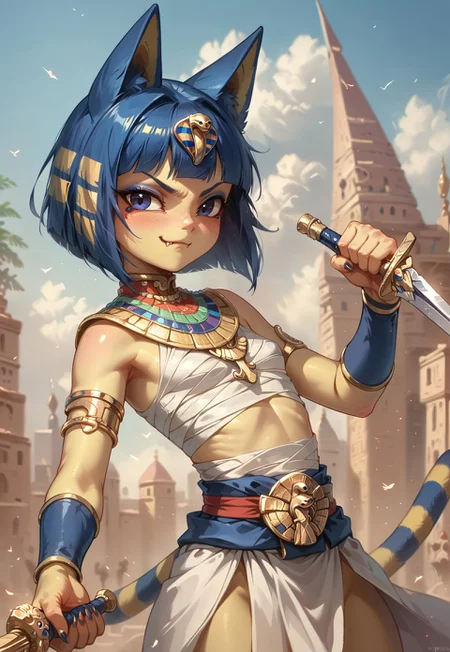 score_9, score_8_up, score_7_up, 1girl, Ankha, source_furry, blue hair, naughty smirk, blush, fang out, cat girl, yellow blue tail, fighting stance, dutch angle, side view, cute, young, expressiveH, anger, on battleground, solo, city, clouds, yellow skin, holding dagger, hkwarrior, dynamic pose, claw,