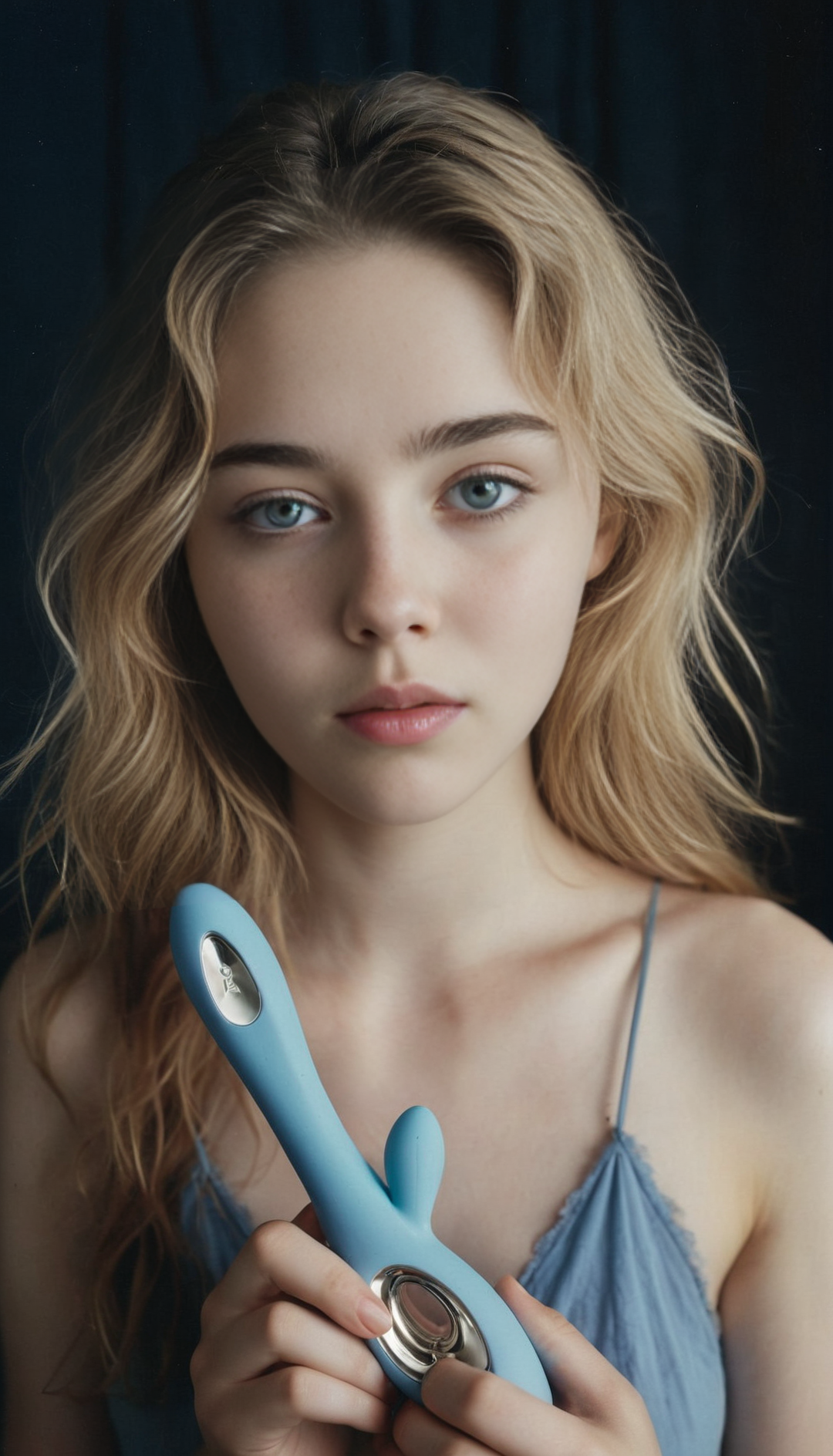 ((neutral black background)),photograph of a 20 year old woman holding  a blue lelosorayavib vibrator, against her pussy  <lora:LeloSoraya2-Vib-sdxl-6-000005:0.9>, RAW candid cinema, 16mm, color graded portra 400 film, remarkable color, ultra realistic, textured skin, remarkable detailed pupils, realistic dull skin noise, visible skin detail, skin fuzz, dry skin, shot with cinematic camera