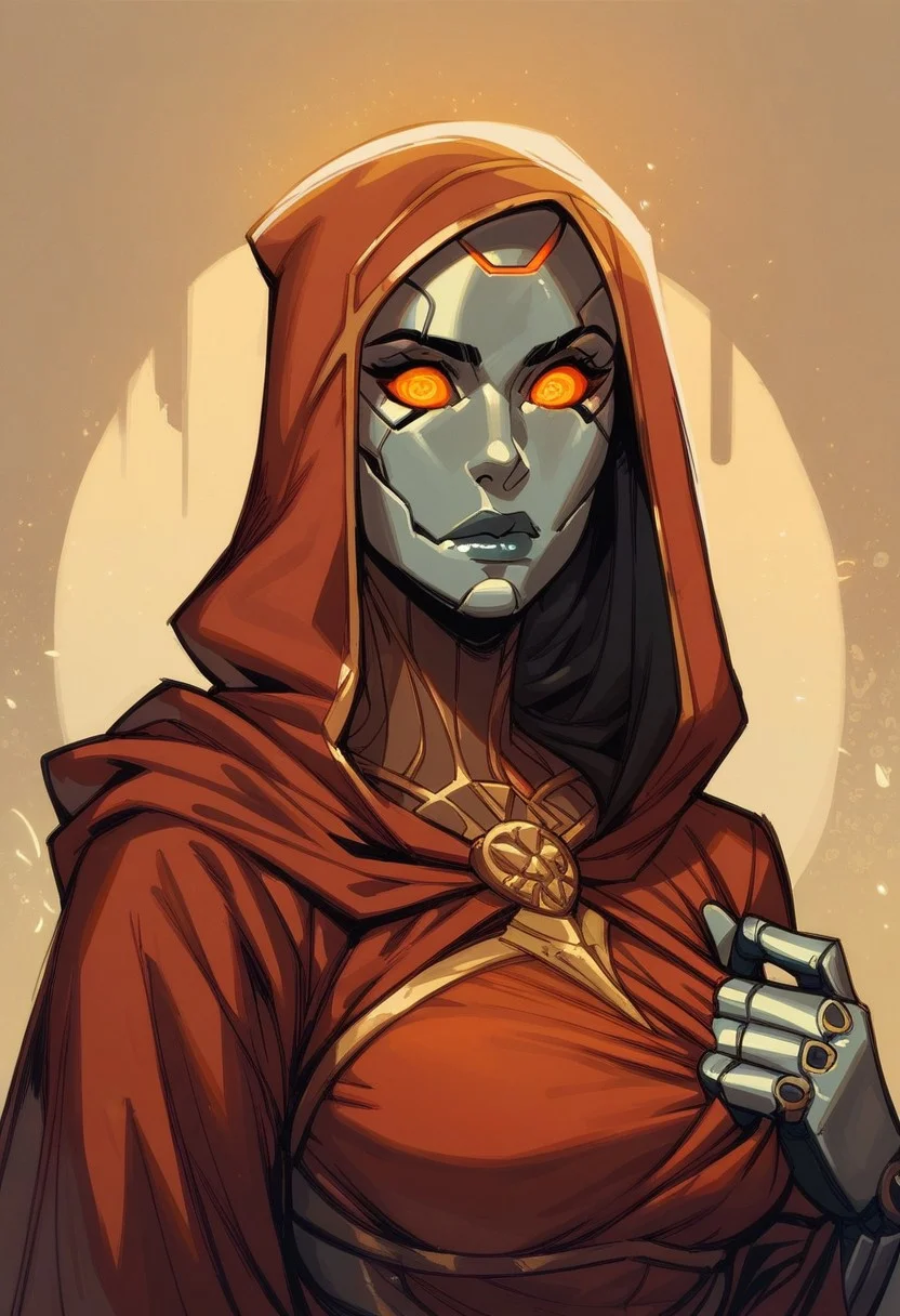 score_9, score_8_up, score_8, score_7_up, score_7, score_6_up, score_6, score_5_up, Score_5, warforged, metal body, robot, robot eyes, beautiful dress, noseless, hood pulled up, vox machine style, 1girl, female focus, solo, portrait, tavern background, fantasy, (dynamic lighting:1.1)
((masterpiece))