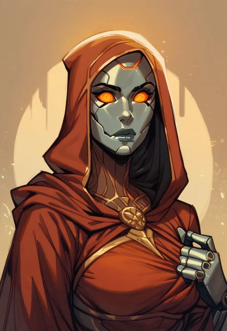 score_9, score_8_up, score_8, score_7_up, score_7, score_6_up, score_6, score_5_up, Score_5, warforged, metal body, robot, robot eyes, beautiful dress, noseless, hood pulled up, vox machine style, 1girl, female focus, solo, portrait, tavern background, fantasy, (dynamic lighting:1.1)
((masterpiece))