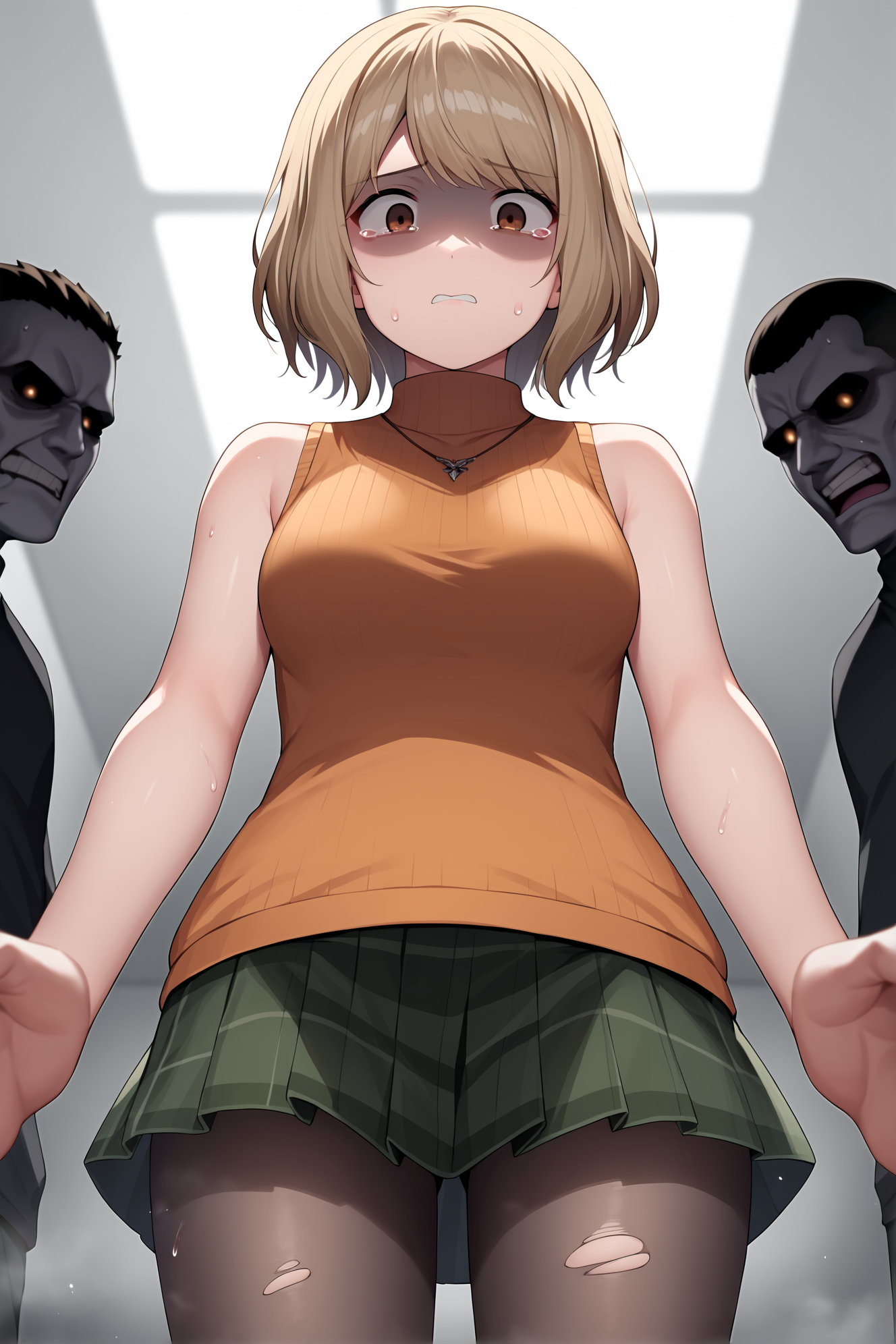 score_9, source_anime, score_8_up, score_7_up, rotting:skindentation:.5, zombies:silhouettes:.8, movement:tears:.5, blurry background:grabbing:.5, detailed background:abstract:.4, shiny skin:reflection:.3, backlighting:sweat:.7, fog:monster:.5, zombie:3boys:.7, lines:motion blur:.4, highres:hiding:.5, tears:deep skin:.7, perspective:outline:.3, shaded face:bugs:.5, apocalypse:running:.7, surrounded:torn:.5, horizon line:depth of field:.3, shadows:scared:.5,  <lora:ashleygraham-pdxl-nvwls-v1:.8> reAshley, brown eyes, bangs, brown eyes, bangs, necklace, orange sweater, sleeveless turtleneck, green miniskirt, pantyhose, zombies