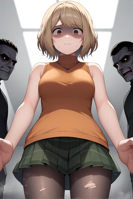 score_9, source_anime, score_8_up, score_7_up, rotting:skindentation:.5, zombies:silhouettes:.8, movement:tears:.5, blurry background:grabbing:.5, detailed background:abstract:.4, shiny skin:reflection:.3, backlighting:sweat:.7, fog:monster:.5, zombie:3boys:.7, lines:motion blur:.4, highres:hiding:.5, tears:deep skin:.7, perspective:outline:.3, shaded face:bugs:.5, apocalypse:running:.7, surrounded:torn:.5, horizon line:depth of field:.3, shadows:scared:.5, <lora:ashleygraham-pdxl-nvwls-v1:.8> reAshley, brown eyes, bangs, brown eyes, bangs, necklace, orange sweater, sleeveless turtleneck, green miniskirt, pantyhose, zombies