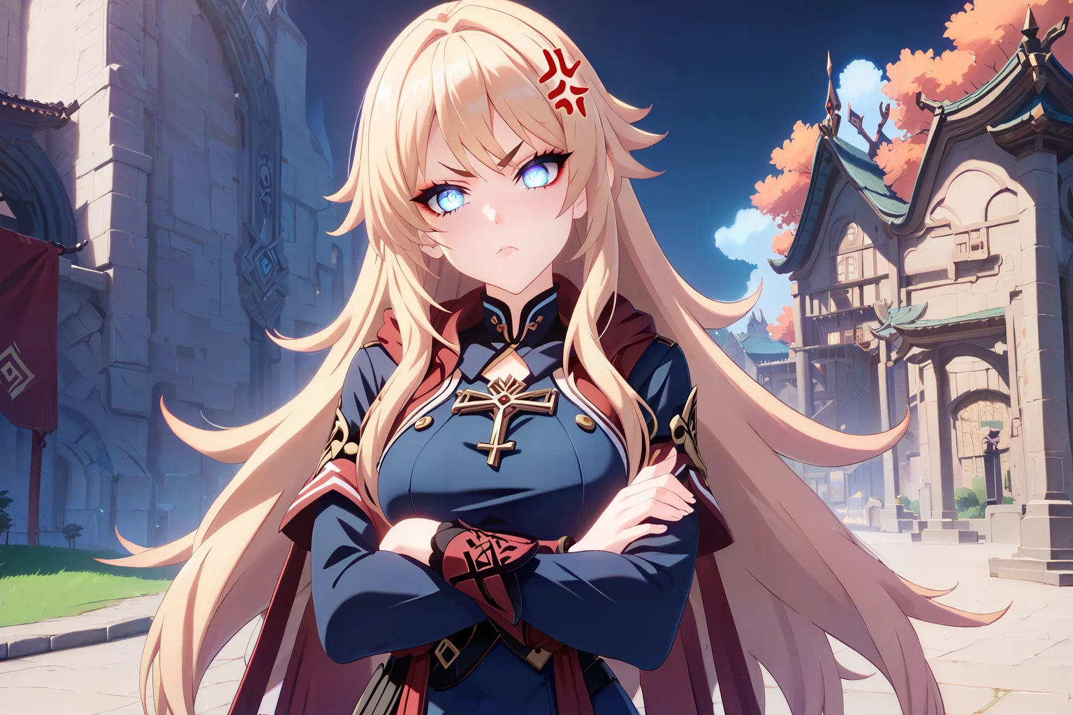 score_9, score_8_up, score_7_up, score_6_up, score_5_up, score_4_up, profile picture, <lora:intricate_details:1> intricate_details_xl, <lora:GenshinLycoXL:1>
<lora:Tsujidou_Ai2.0:0.8> 1girl, solo, Tsujidou Ai, long hair, blonde hair, blue eyes, (glowing eyes:0.9), chains, serafuku, standing near a castle, crossed arms, (pout:0.9), light frown, looking at viewer, head tilt, (anger vein:0.7), sun glare,