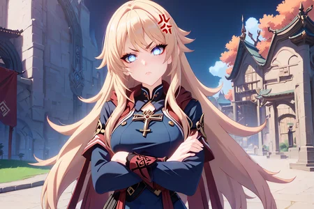 score_9, score_8_up, score_7_up, score_6_up, score_5_up, score_4_up, profile picture, <lora:intricate_details:1> intricate_details_xl, <lora:GenshinLycoXL:1>
<lora:Tsujidou_Ai2.0:0.8> 1girl, solo, Tsujidou Ai, long hair, blonde hair, blue eyes, (glowing eyes:0.9), chains, serafuku, standing near a castle, crossed arms, (pout:0.9), light frown, looking at viewer, head tilt, (anger vein:0.7), sun glare,