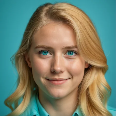 RAW photograph, Danish woman, 25 years old, golden blonde hair, aqua eyes,  medium close-up shot,  profile shot, happy expression, neutral uniform photostudio background, highly detailed, professional, soft volumetric lighting,  photographed on a Canon EOS R5, 50mm lens, F/2.8, HDR, 8k resolution, highres, high detail,