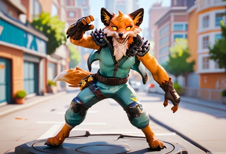 score_9, score_8_up, score_7_up, best quality, highres, 1boy, fennix, fortnite, anthro, furry, city, happy, full body, action pose, detailed background, looking at viewer, <lora:Fennix_Fortnite:1>