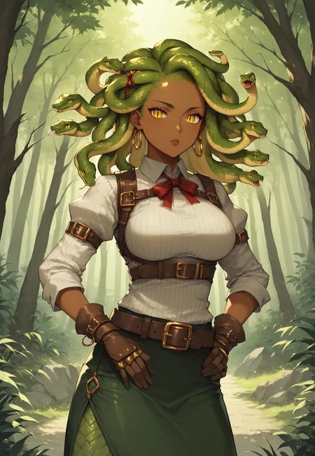 safe_pos, score_9, score_8_up, score_7_up, outdoors, forest, nature, 1woman, yellow eyes, slit pupils, sn4k3h41r, snake hair, dark skin, lamia, green and tan scales in the center, large breasts, intricate gold jewelry and arm cuffs, long sleeves, sweater, ribbed sweater, puffy sleeves, breastplate, ribbon, red ribbon, gauntlets, glove, brown gloves, belt, skirt, armor,