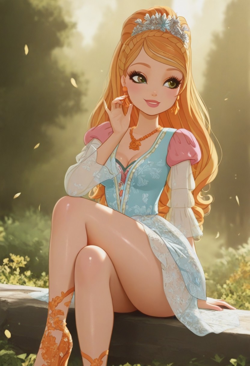 score_9, score_8_up, score_7_up BREAK  shiny skin,  nsfw,  high quality, masterpiece
easynegative, 1girl, solo,
ashlynn ella, ever after high, orange-blonde hair, flower petal tiara, green eyes, orange shoe earrings, orange necklace, casual outfit, blue crystal shoes, looking at you
smile, passion, irl, realistic style, outdoors, 
sexy pose, sexy, sultry pose, sitting, crossed legs,