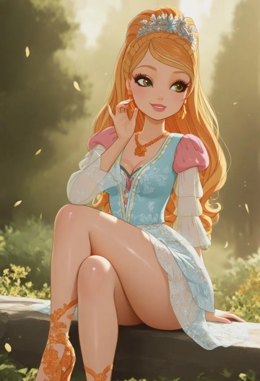 score_9, score_8_up, score_7_up BREAK  shiny skin,  nsfw,  high quality, masterpiece
easynegative, 1girl, solo,
ashlynn ella, ever after high, orange-blonde hair, flower petal tiara, green eyes, orange shoe earrings, orange necklace, casual outfit, blue crystal shoes, looking at you
smile, passion, irl, realistic style, outdoors, 
sexy pose, sexy, sultry pose, sitting, crossed legs,