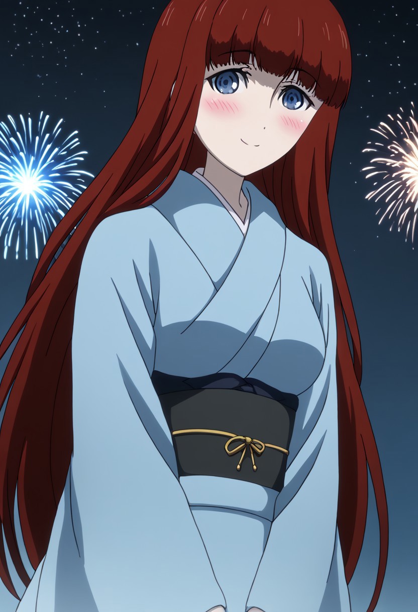 rating_safe, Ultra-high-detailed Anime illustration of Kagari Shiina from Anime Steins;Gate 0. 
The artwork features Kagari in a solo, full body, standing position with a outdoors, flield, and night background. night time. night. stars.
She is depicted with intricate details showcasing her large breasts, natural_breasts. She is a white skinned, 22 years old woman. Kagari is looking_at_viewer with perfect_eyes, Her pupils are highly detailed. The eyes are open. blue eyes. Kagari's eyes are highlighted. Highlighted eyevrows. 
She has long hair, red colored hair, styled in blunt bangs and floating hair.
She is wearing a blue kimono and black shoes. japanese kimono, kimono.
The artistic style is intricate_details_xl with a focus on Anime art. The color palette emphasizes red and black with detailed strokes to bring out the character's features. The lighting creates dramatic shadows and highlights, adding depth to the artwork. The perspective is from a face focus, dutch angle to enhance the impact of the character's expression. This masterpiece is a true portrayal of Kagari's complex personality and will captivate any fan of Kagari. uncensored, upper body, blushing, smile, Kagari Shiina,
perfecteyes,
<lora:Steins_Gate:1>
kimono
happy new year!, Happy New Year fireworks, Happy New Years, golden colored fireworks