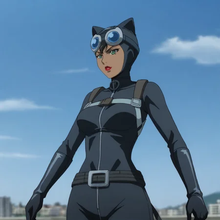 <lora:catwomanhunted_pony_v1:.8> catwomanHuntedGogglesUp, 1girl, dark skin, dark-skinned female, lipstick, makeup, animal ears, goggles on head, black hair, breasts, bodysuit, green eyes, short hair, red lips, lamppost, parody, cowboy shot