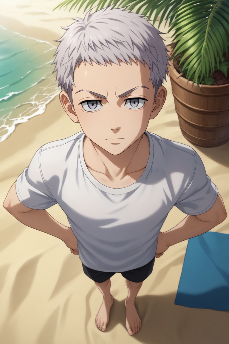 score_9, score_8_up, score_7_up, source_anime, rating_safe, intricate details, semi-realistic, looking at viewer, , 1boy, solo, male focus, <lora:takashi_mitsuya_pony:0.76>, takashi_mitsuya, grey hair, grey eyes, short hair, from above, full body, beach, palm tree, towel, indoors, hands on hips, wavy mouth, closed mouth, , <lora:sdxl_lightning_8step_lora:1>