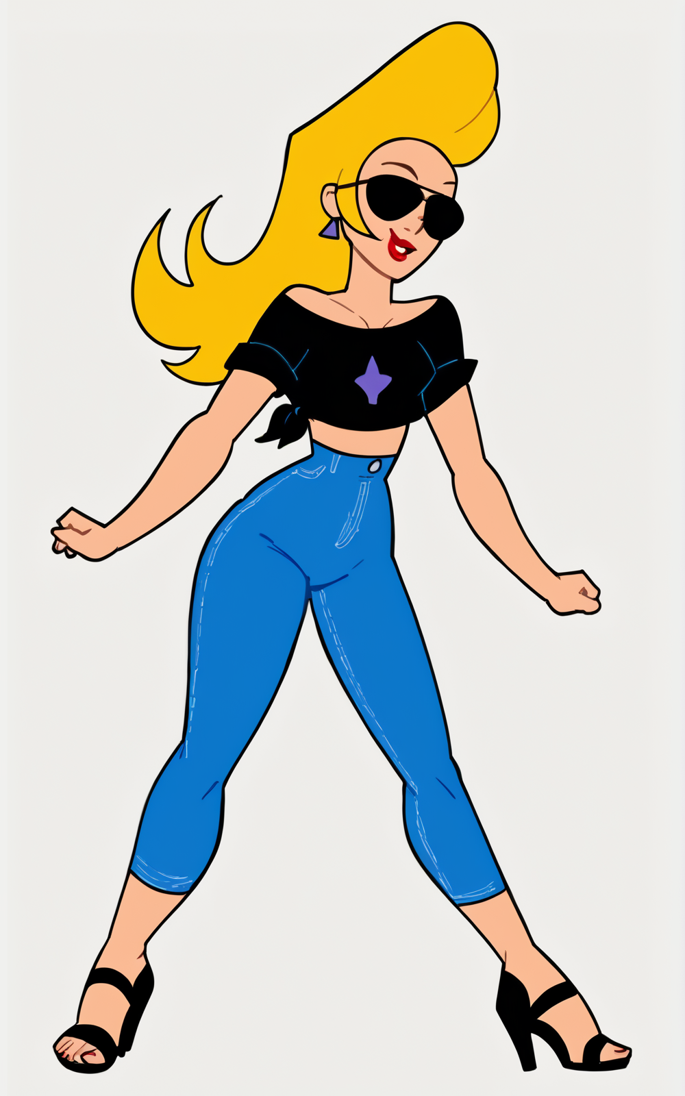 score_9, score_8_up, score_7_up,((best quality)), absurdres, ((full body)), <lora:BolivanteStyle:0.8>,   <lora:JennyBravoPXL:1>,JennyBravoPXL, long hair,blonde hair, shirt,  midriff, pants, black footwear, high heels, black shirt, sandals, sunglasses, blue pants,lipstick, off-shoulder shirt,solo,pompadour,white background,slim,jeans, three quarter view