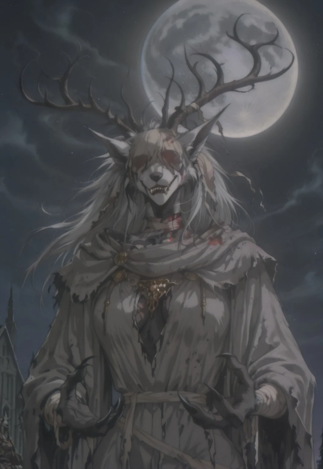 1girl, blood borne Vicar Amelia, a massive beast woman, ash grey and white fur, tattered white church garb, twisted antlers, claws, digitigrade, worn out body bandages, long furry ears, sharp teeth
kftenhance,, casting magic, wind magic, floating hair, floating robe, windy, action, upper body, night, sky, moon, particle effects masterpiece, best quality, absurdres, retro artstyle, 1990s (style), rolstyle,,,