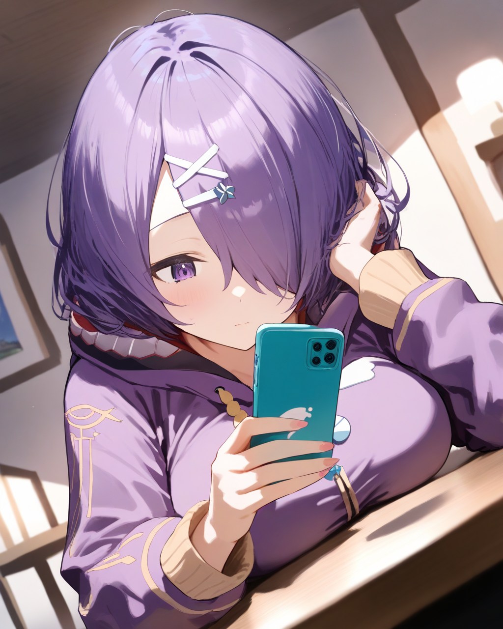 1girl,
KisoAzukiDotLive,
safe, solo, dutch angle, upper body,
hair ornament,
hair over one eye,
purple hoodie,
large breasts,
looking at object, 
holding phone, smartphone,
room, table,
depth of field,
<lora:kp_KisoAzukiDotLiveAnimagineXL_v1_1:1.0>,
masterpiece, high score, great score, absurdres