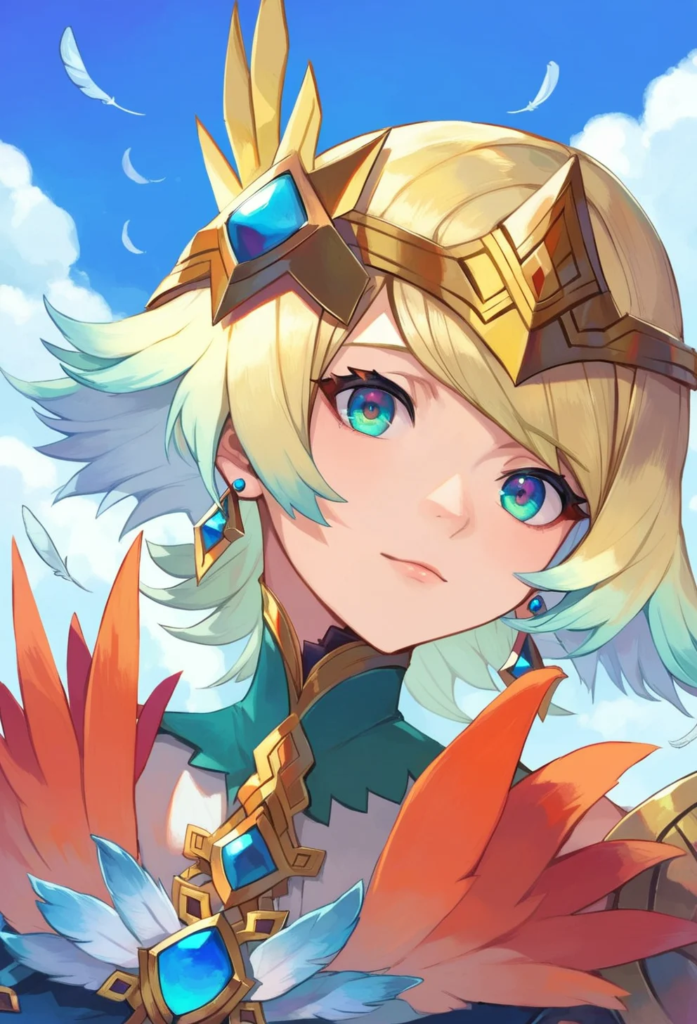score_9, score_8_up, score_7_up, score_6_up, source anime, feh_seoreh_pnxl, fire emblem heroes,
fjorm, 1girl, feather trim, solo, jewelry, blonde hair, earrings, multicolored hair, gradient hair, short hair, upper body,
whorled clouds, blue sky
<lora:fire_emblem_heroes_pony:0.8>