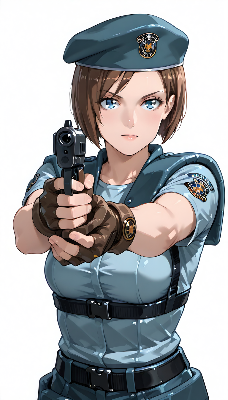 staruniform, holding gun, aiming gun, white background <lora:Jill_Valentine:1>