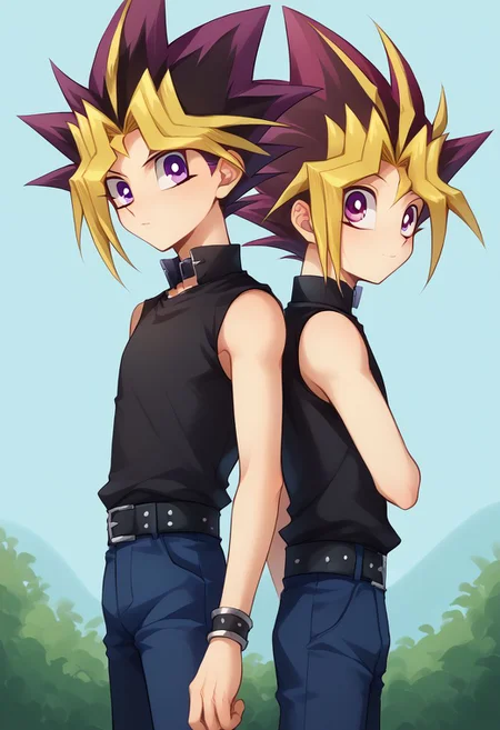 score_9, score_8_up, source_anime, highly detailed, 2boys,
yami, 1boy, male focus, blonde hair, purple eyes, multicolored hair, shirt, black shirt, shirtless, spiked hair, BREAK
yugi, 1boy, male focus, cute, skinny, dyed bangs, spiked hair, blonde hair, purple hair, dyed bangs, pants, bangs, shirt, blue pants, purple eyes, black shirt, sleeveless, multicolored hair, belt,
outdoor, upper body, height difference
