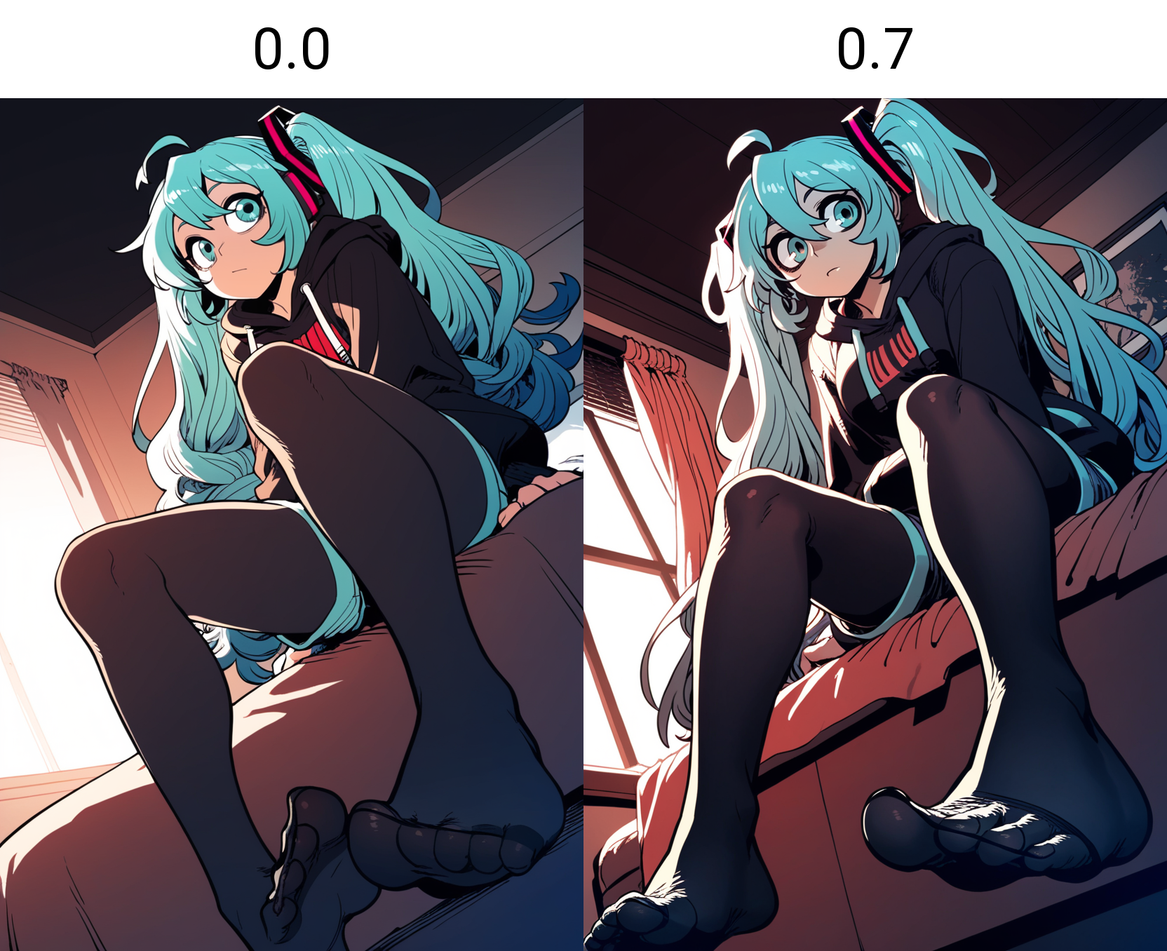 1girl, ssambatea, ciloranko, hatsune miku, no shoes, solo, bedroom, pantyhose, feet, from below, sitting, hoodie, aqua hair, aqua eyes, shorts, source_anime, score_9
<lora:cfg_scale_boost:0.0>