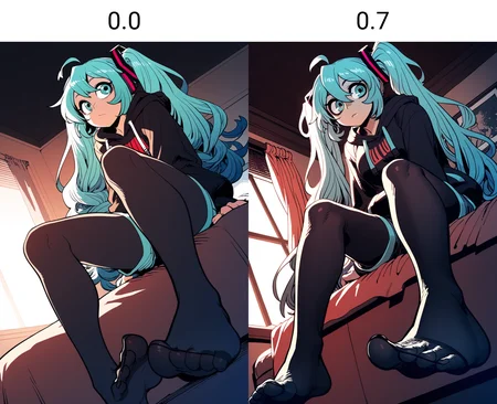1girl, ssambatea, ciloranko, hatsune miku, no shoes, solo, bedroom, pantyhose, feet, from below, sitting, hoodie, aqua hair, aqua eyes, shorts, source_anime, score_9
<lora:cfg_scale_boost:0.0>