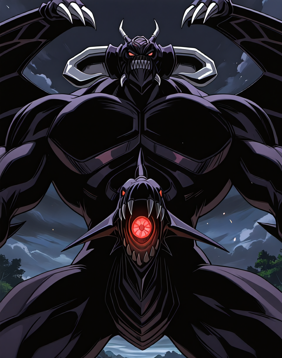 score_9, score_8_up, score_7_up,
8K, In'ei, chiaroscuro, volumetric lighting, perfect depth of field shot, beautiful, sharp focus, crisp details, masterclass animation, photographic realism, source_anime, 
<lora:Zorc_Necrophades_(Yugioh)_(Illustrious)_(AD):1.35> Zorc, Yugioh_anime, muscular,
exterior, detailed anime sky with clouds, dark clouds, 
dynamic action, bent leg, nature, cowboy shot, intimidating, end boss, glossy body, red eyes, 
BREAK zPDXL, Smooth Quality, IllusP0s,