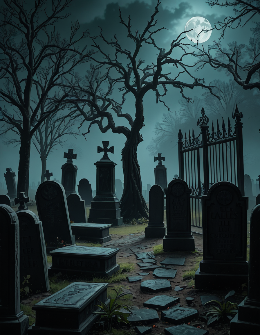 A dark and eerie cemetery shrouded in mist, with ancient, weathered tombstones covered in moss. The scene is dimly lit by a pale, ghostly moonlight filtering through twisted, leafless trees. Cracked stone pathways lead through the graveyard, partially hidden by overgrown grass and creeping ivy. A few old, gothic-style mausoleums stand in the background, their iron gates slightly ajar, adding to the mysterious and haunting atmosphere. Wisps of fog swirl around the gravestones, enhancing the eerie mood. The overall color palette consists of deep blues, grays, and muted greens, creating a cold and unsettling ambiance. The image is highly detailed and photorealistic, capturing the textures of the aged stone, the fogâs movement, and the ominous shadows stretching across the ground. 
<lora:SDXLFaeTastic2400:0.4> <lora:extremely_detailed:0.4> extremely detailed,<lora:33r13_c3m3t3ry-ill:1>,33r13 c3m3t3ry, Masterpiece,best quality,hi res,8k,hi res,8k,award winning,(sharp focus, intricate, highly detailed),