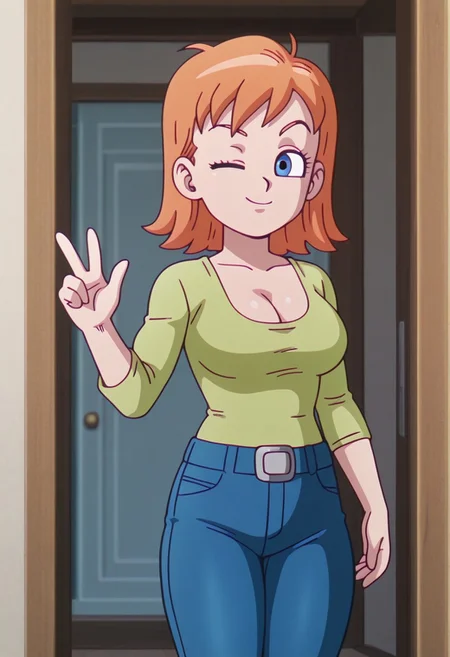 dbdaima, SmoothNegative_Hands, masterpiece, best quality, 1female, solo, female focus, alone, detailed, dextersmom ((beautiful, fair skin, medium orange ginger hair, detailed blue eyes, fit body, muscular thighs, large breasts)), ((wearing a green shirt with sleeves to her elbows, cleavage, blue jeans pants)), smiling, one eye closed, doing a peace sign beside her face with one hand, outside in front of a house, day time