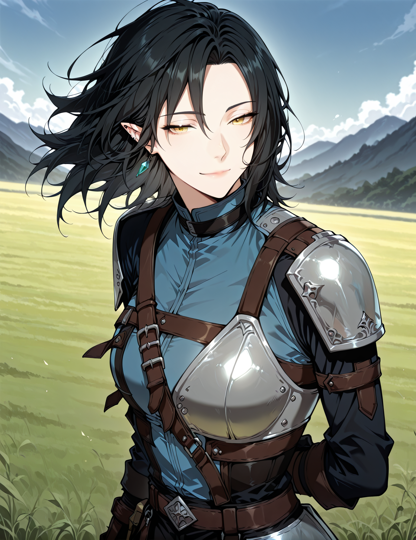<lora:Helen_Shard__The_Beginning_After_the_End__Illustrious:1>
1 girl, solo, elf, pointy ears, black hair, medium hair, yellow eyes, blue shirt, pants, fingerless gloves, armor, shoulder armor, belt, ear piercing,
shirt, long sleeves, blue shirt, black shirt, black pants, earrings
score_9, score_8_up, score_7_up, very aesthetic, source_anime, detailed, high quality, beautiful, masterpiece, detailed eyes, field, blurry background, pose dynamic angle, upper body, cowboy shot, light smile, floating hair, half-closed eyes, hands behind back, leaning forward, looking forward, looking at viewer, <lora:iLLMythG0thicL1nes:1>