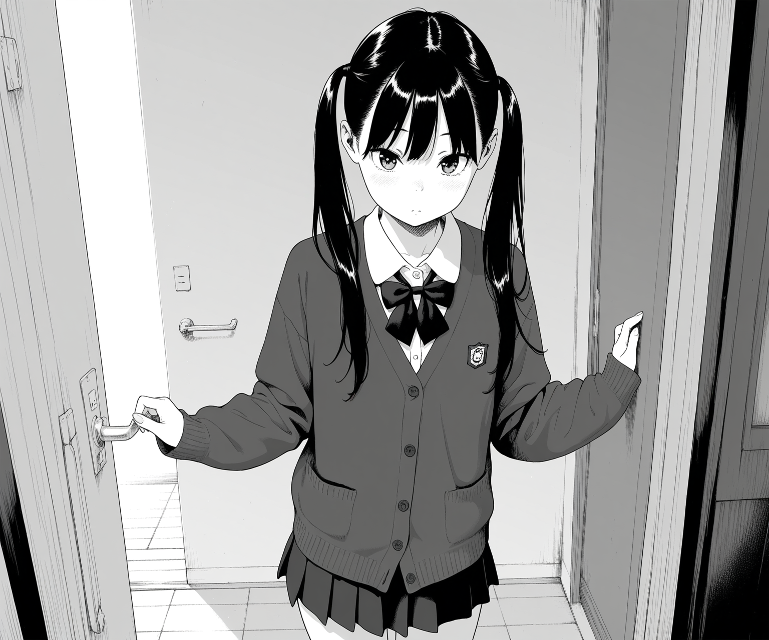 masterpiece, best quality, amazing quality, sfw, 1girl, solo, shirt, cardigan, skirt, black hair, long hair, twintails, looking at viewer,  <lora:Key style ILL-v2:1.4> keystyle, greyscale, monochrome,