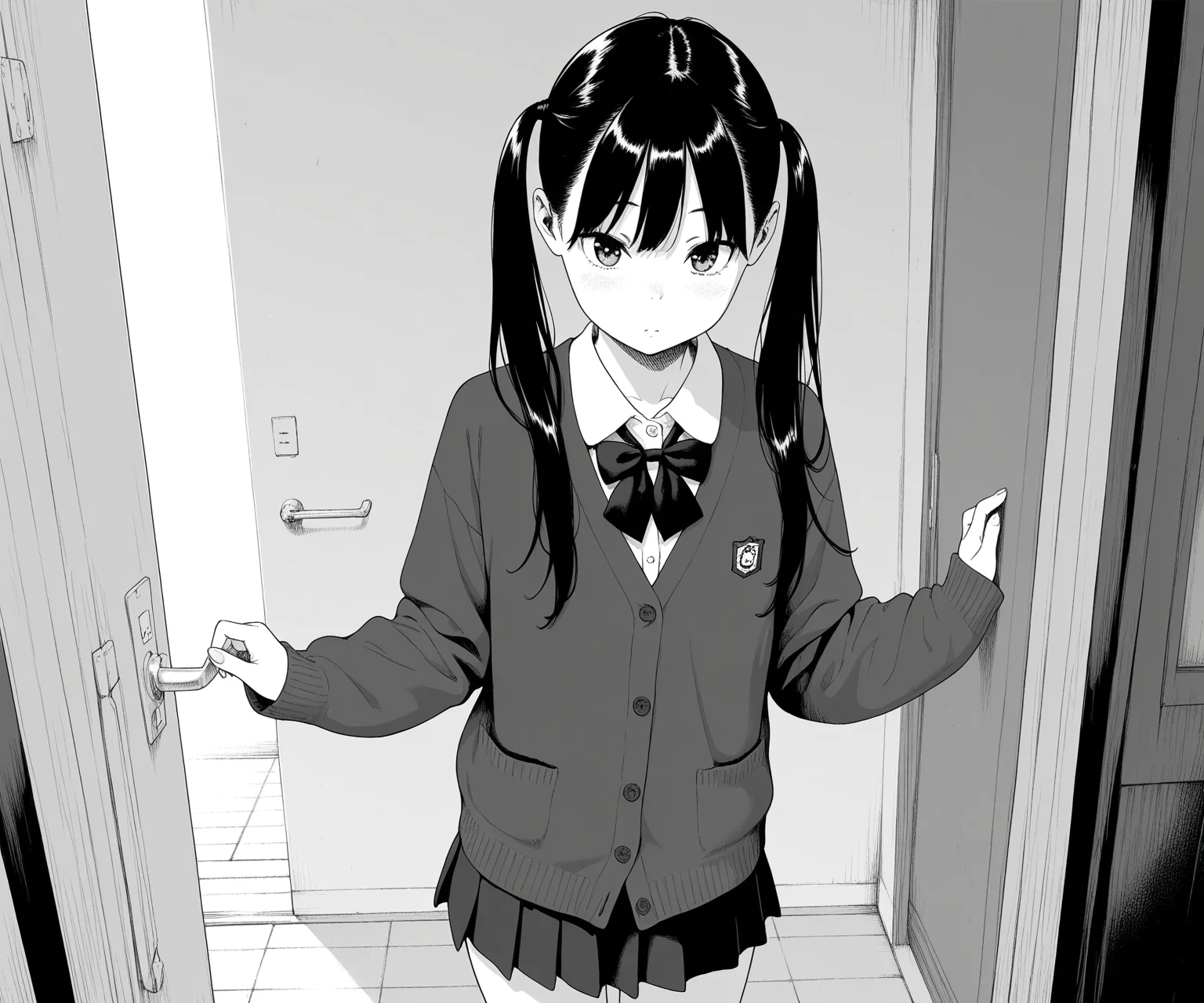 masterpiece, best quality, amazing quality, sfw, 1girl, solo, shirt, cardigan, skirt, black hair, long hair, twintails, looking at viewer, <lora:Key style ILL-v2:1.4> keystyle, greyscale, monochrome,