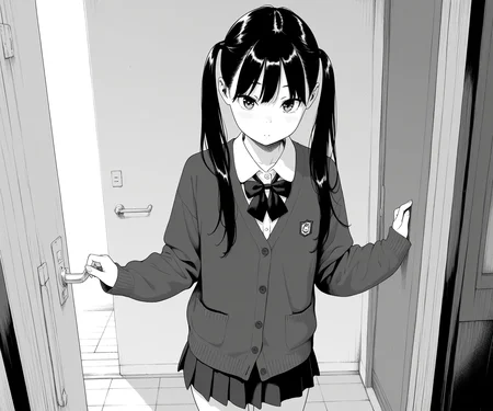 masterpiece, best quality, amazing quality, sfw, 1girl, solo, shirt, cardigan, skirt, black hair, long hair, twintails, looking at viewer, <lora:Key style ILL-v2:1.4> keystyle, greyscale, monochrome,